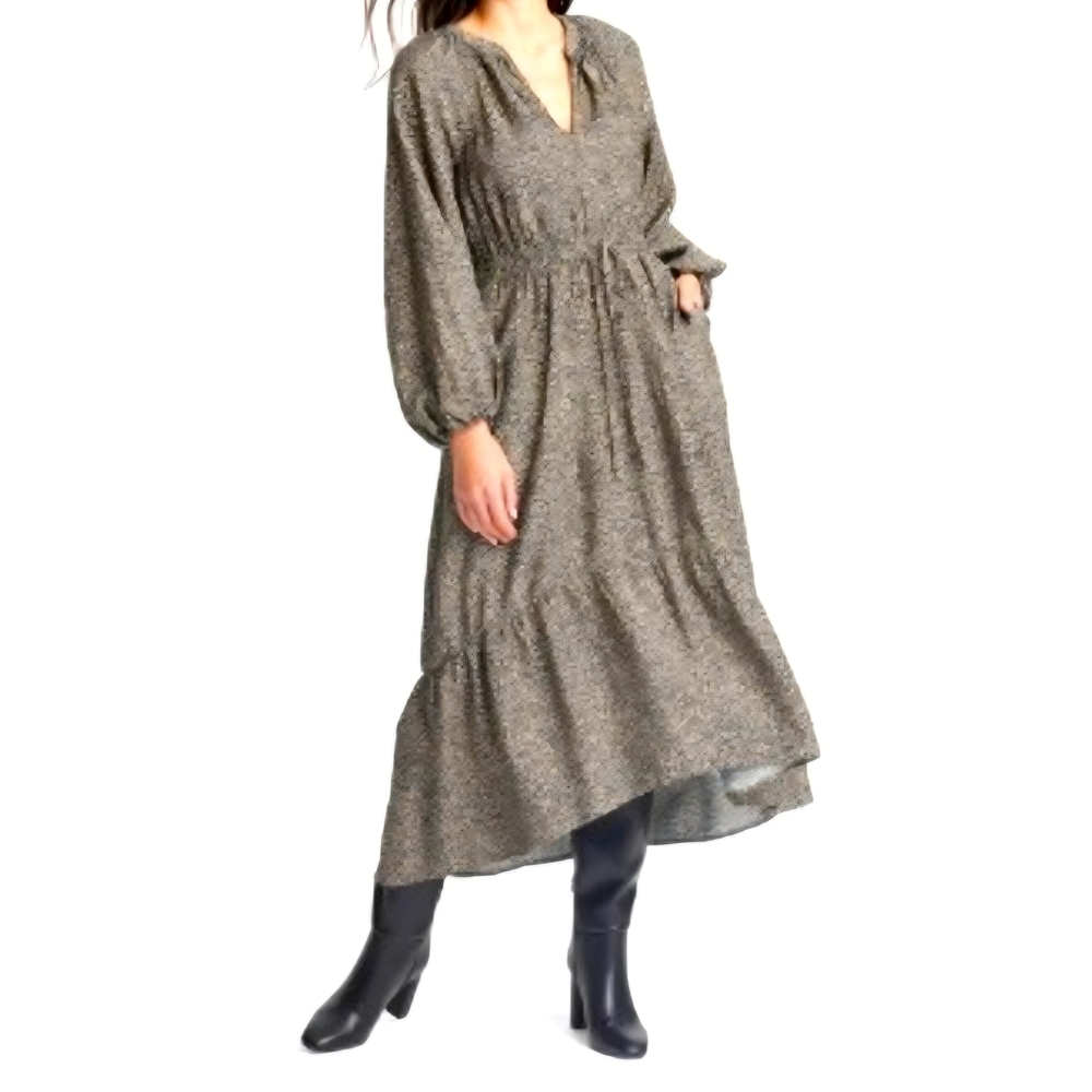 A New Day Gray and White Maxi Dress with Bishop Sleeves